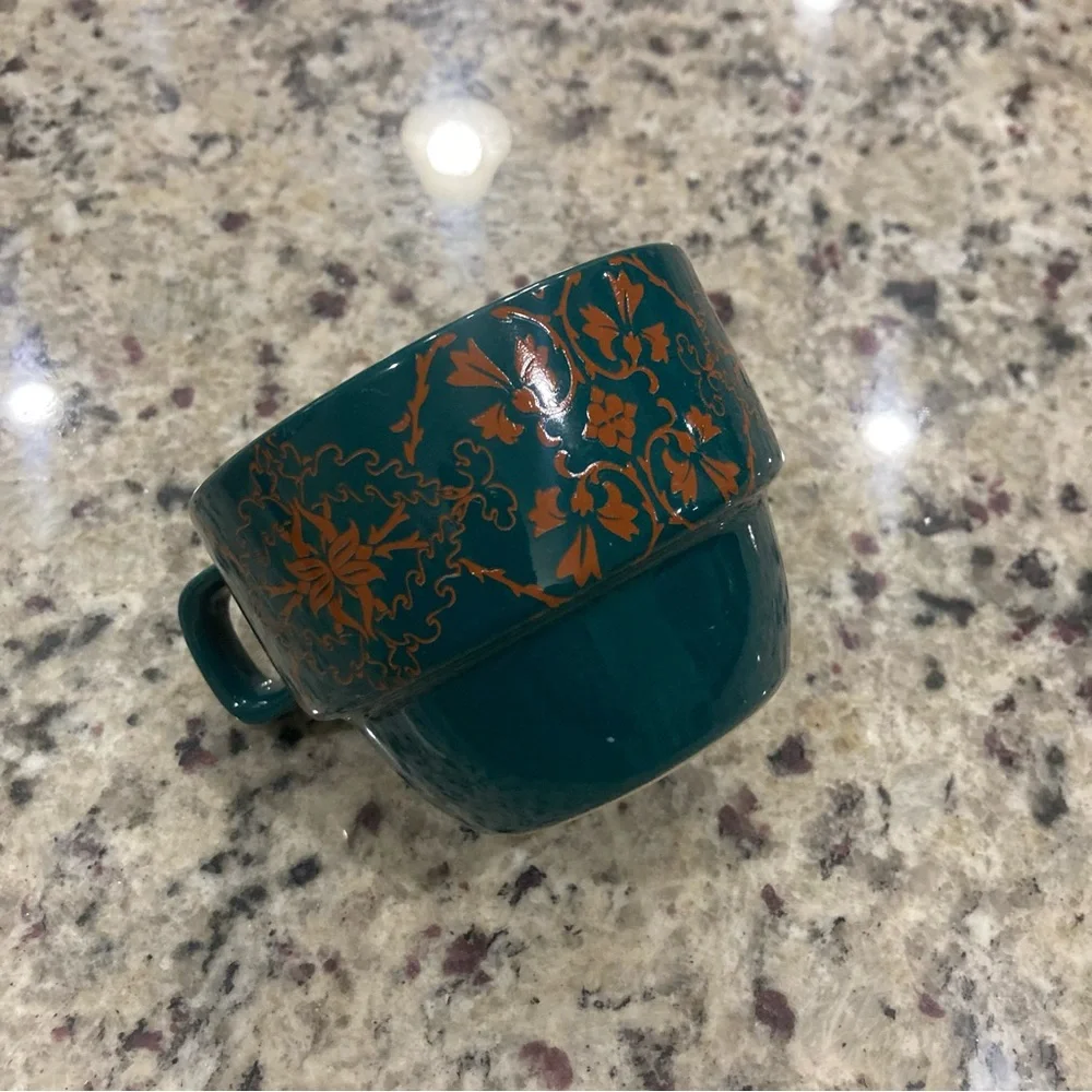 World Market Set of 6 coffee cups with metal holder **1 glued back* Holder Rustd - Picture 9 of 16
